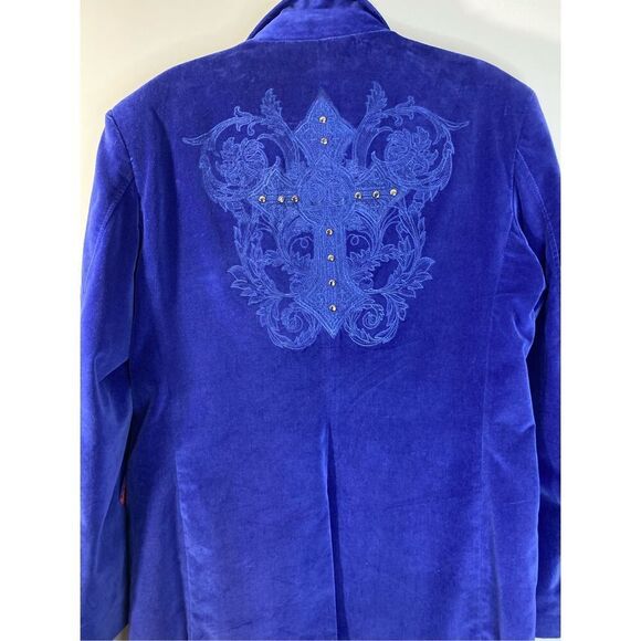 Large, Franky Max unique, unisex blue velour, cross embroidered blazer/jacket. - Picture 7 of 14